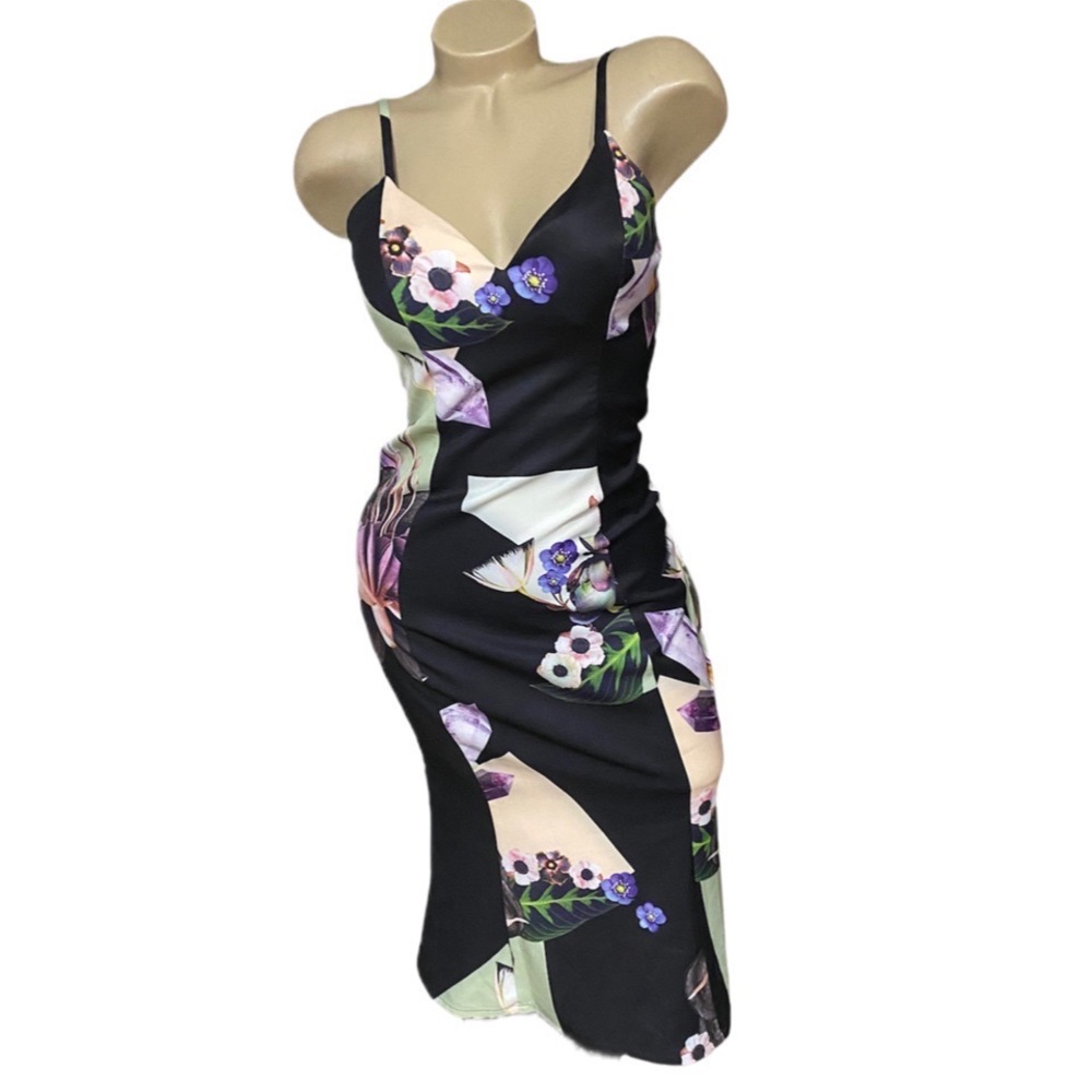 Bariano AUSTRALIA Black Floral MIDI Dress Small New NWT